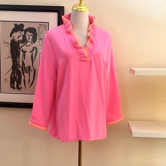 Crown & Ivy, Vibrant Pink/Orange,Women's Pink Ruffle V-Neck Top, EUC, Size XL - Picture 5 of 13